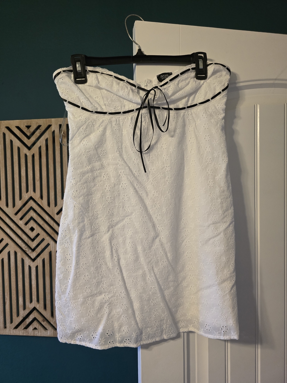 White Eyelet Strapless Summer Dress with Black Trim